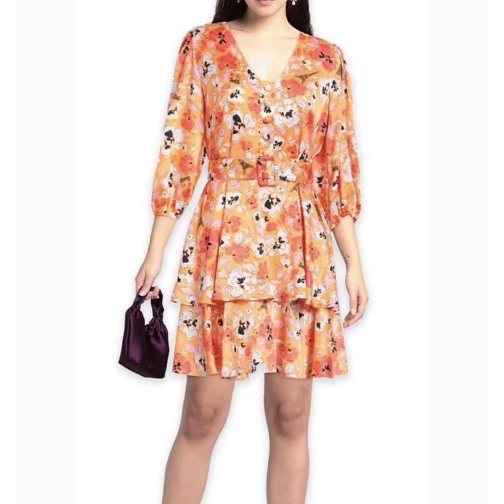 Karl Lagerfeld Paris Ruffle Dress Orange Floral Puff Sleeve Belted NWOT Women 14